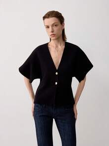 Women's Casual Solid Color Button Front Cardigan, Suitable For Summer & Autumn Black - Black - View 4