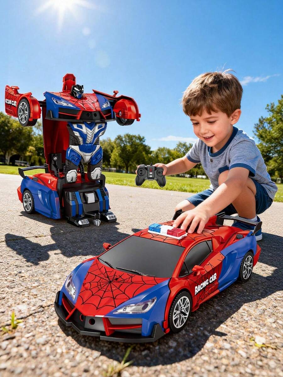 1pc Spider Web Transforming Robot Remote Control Car, With Police Light LED Cool Lighting, 2-In-1 Robot Remote Control Car, With Lights And Remote Control Racing Toy Car, One-Click Automatic Demo Transforming Car Robot Remote Control Car, 2.4GHz Remote Control Car, 1:18 Scale Transforming Robot, One-Click Transformation, Automatic Demo, Fast 360° Rotating Robot Toy, Suitable For 3-4, 5-6, 7-8, 9-10, 11-12 Years Old Boys And Girls Birthday, Halloween, Easter, Christmas, New Year Gifts - Multicolor - View 1