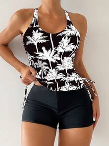 Conjunto De Trajes De Baño Para Mujer Con Top Halter Impreso De Árbol De Coco Y Troncos De Color Sólido - Negro - Ver 1