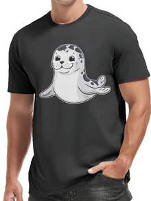 Camiseta Casual de Verano para Hombre con Diseño de Foca de Dibujos Animados - Poliéster Transpirable, Cuello Redondo, Lavable aáquina - Blanco - Ver 10