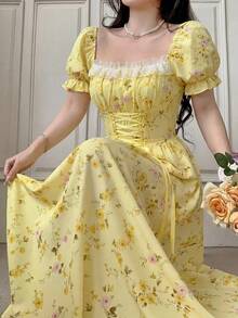 Elegant Long-Sleeved Dress With A Lace Collar And Fitted Hem, Featuring A Charming And Romantic Floral And Lace Design, Ideal For Holidays, Women's Dress - 彩色 - 查看 5
