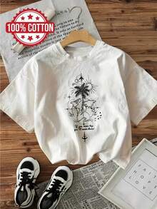 Camiseta casual de manga corta para mujer con estampado de brújula y montaña, diseño en contraste rosa y negro, corte holgado, lavable a máquina para uso casual, camisetas de mujer, top para todo el año, moda de estilo de vida, textil orgánico, ropa casual, estilo urbano vintage y moderno, camisetas unisex de algodón de manga corta con cuello redondo para mujer. blusas.blusas casuales para dama. - Blanco - Ver 3