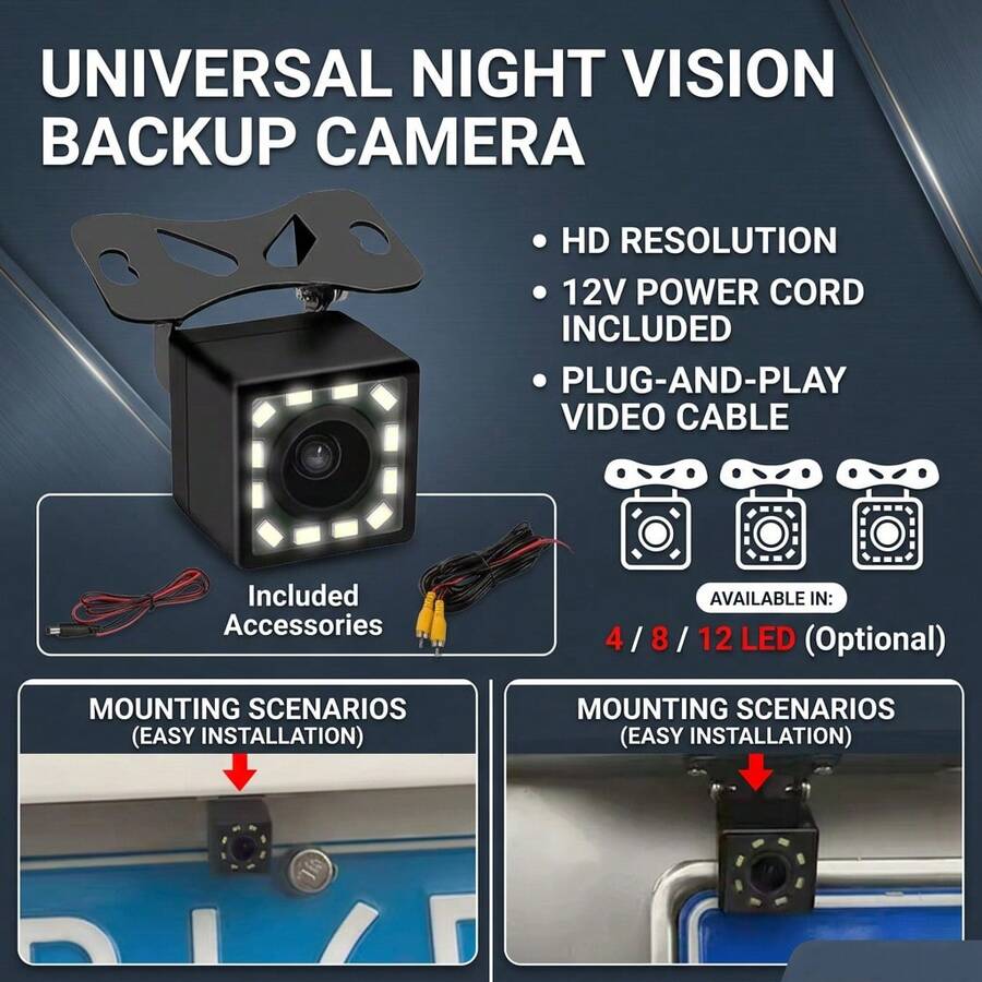 Cámara de visión nocturna con 12 LED, imagen reversible, cámara automática de alta definición CCD, cámara frontal automática de ángulo amplio, cámara de retroceso para coche - Cámara de marcha atrás - Ver 1