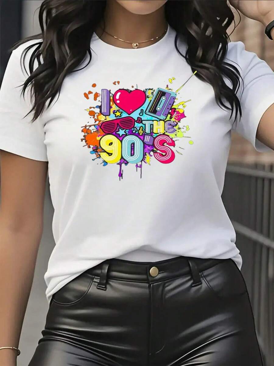 Summer Beach Women's Short-Sleeved T-Shirt, Colorful Retro 90s Graffiti Print, Loose Fit, Soft And Breathable Polyester, Machine Washable, Casual Top For All Seasons - 白色 - 查看 1