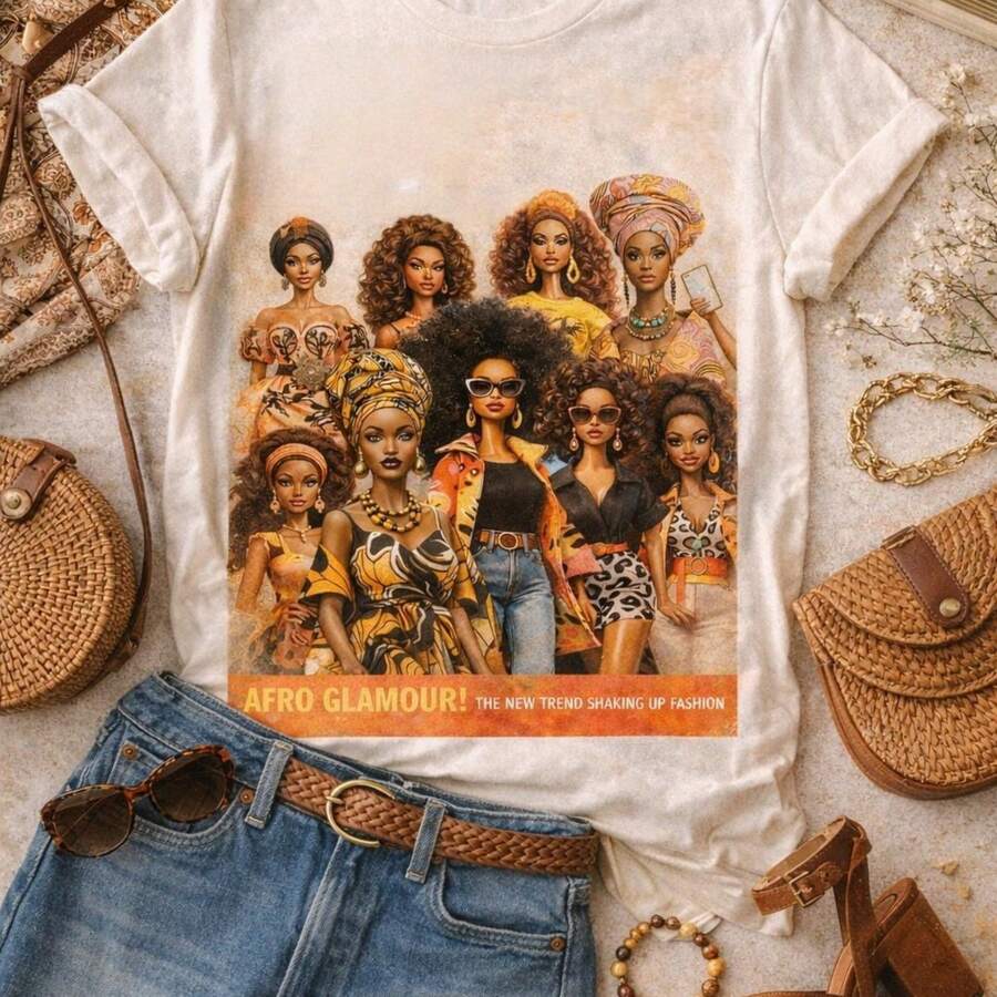 _Afro Glamour Vintage Magazine Unisex Tee JET Inspired Fashion Cover Tee BlackGirl Style Graphic Shirt Retro Black Excel - 白色 - 查看 1