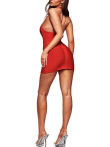 Women's Sexy Halter Backless Ruched Bodycon Mini Dress Ribble Short Homecoming Club Party Night Out Dresses Clubwear - Red - View 11