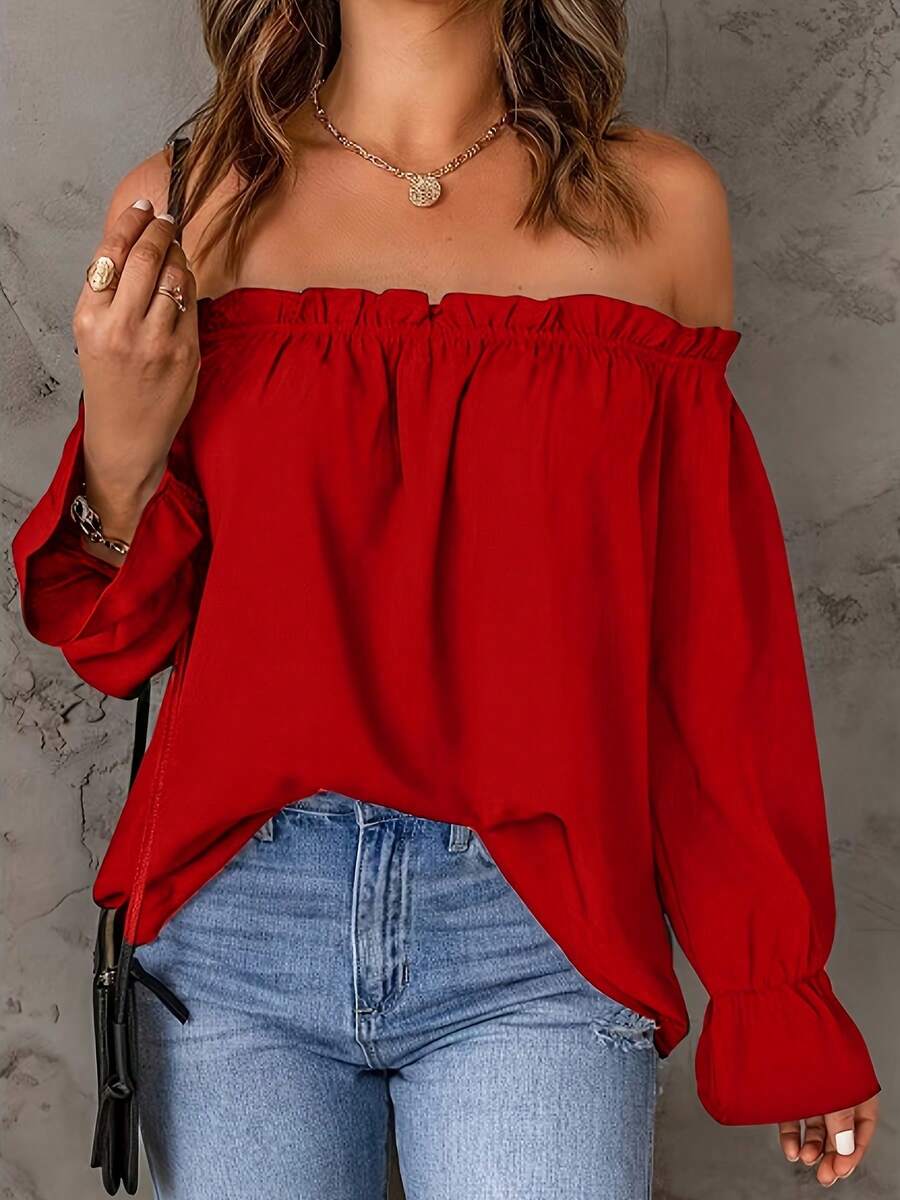 European And American Style Off-The-Shoulder Blouse, Spring/Autumn Shirt - Development - [Red] - View 1