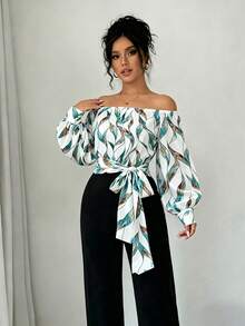Elegant Women's Off-Shoulder Blouse With Polka Dots And Front Bow - Puff Sleeves, Round Neck, White, Machine Washable, Ideal For Casual Or Semi-Formal Wear In All Seasons - 青綠色 - 查看 5
