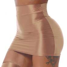 Women's Shiny Patent Leather Skirt, Sexy Low-Rise Mini Skirt For Club, Party, Pole Dancing, Stage Performance - 咖啡 - 查看 1