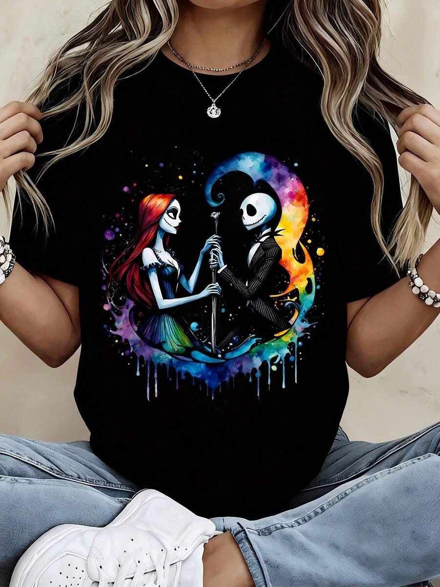Disney Crew Neck T Shirt Black Jack Skellington And Sally Watercolor Print For Casual Wear - 黑色 - 查看 1