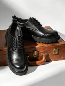 Herren Derby Schuhe mit dicker Sohle im Paar-Stil, runde Zehenpartie, Schnür-Loafer, Doppelgelenk, britischer Stil, Vintage-Leder-Schuhe, höhenverstärkende Lässig Schuhe, Arbeitskleidungs-Stil Stiefel - Schwarz - Übersicht 2
