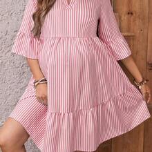 Vestido camisero de manga corta con cuello alto y rayas para maternidad - naranja - Ver 5
