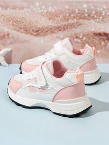 1 par de zapatillas deportivas de malla con cierre de gancho y bucle para niñas, diseño de bloques de color blanco y rosa, lindas, fáciles de poner y quitar, para uso diario, primavera, verano y otoño (talla única talla grande pequeña) - Rosa - Ver 5