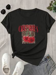 Top de mujer de manga corta y cuello redondo con estampado fotográfico de dos copas sobre fondo de estampado de leopardo, apto para todas las estaciones. - Negro - Ver 1