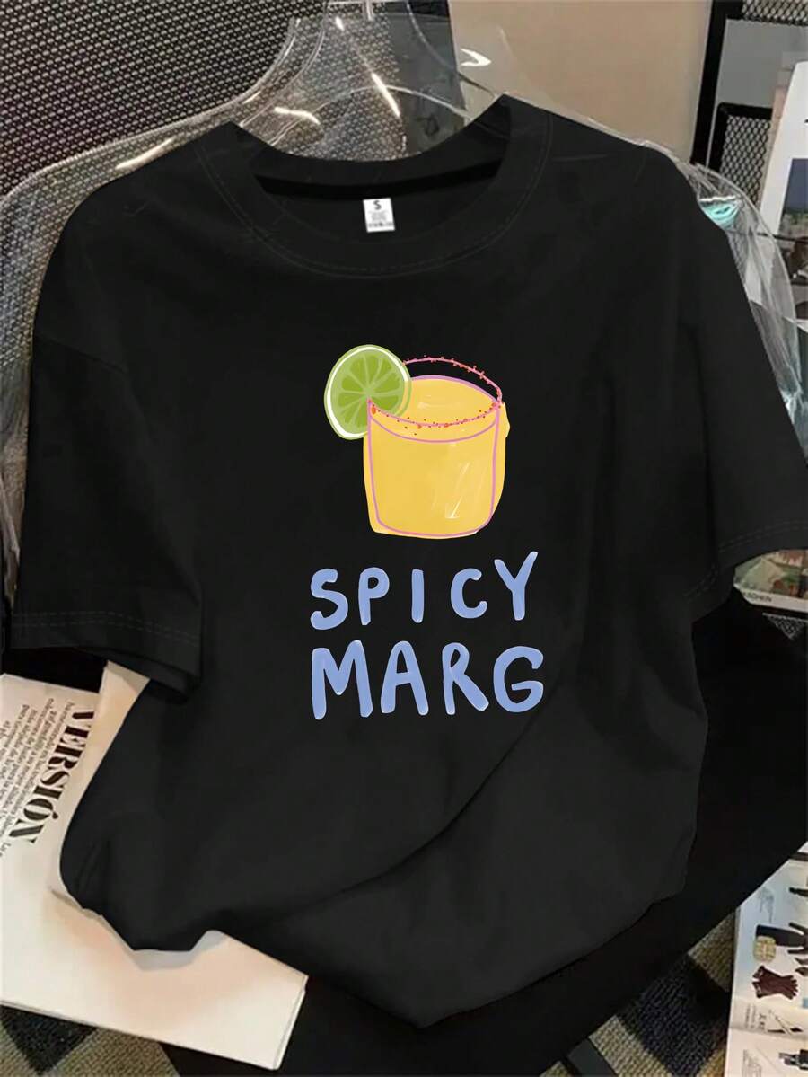 Camiseta de manga corta con cuello redondo para mujer, con estampado de una bebida con hojuelas de lima, ideal para todas las estaciones. - Negro - Ver 1