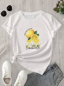 Camiseta de manga corta con cuello redondo para mujer con estampado de limones. Camiseta estampada de manga corta, ideal para todas las estaciones. - Blanco - Ver 1