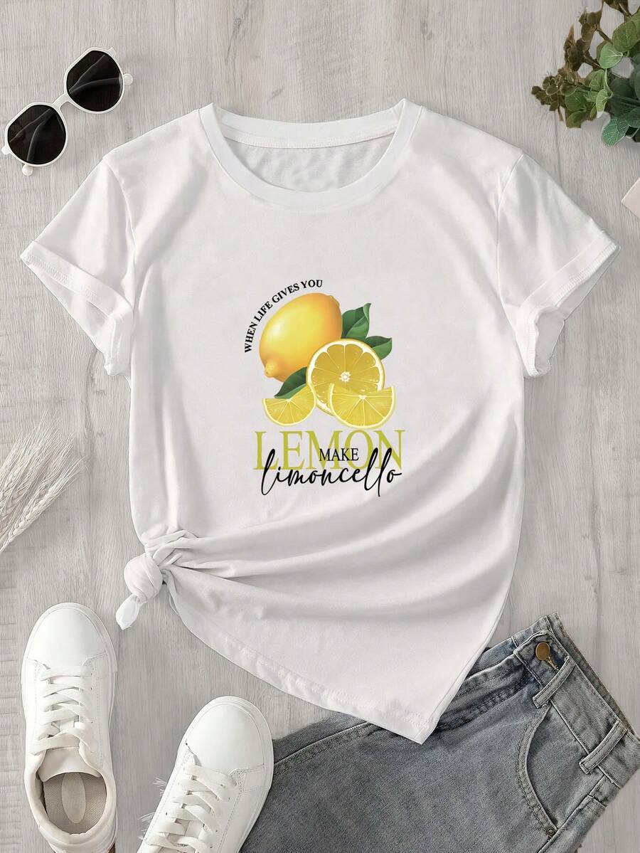 Camiseta de manga corta con cuello redondo para mujer con estampado de limones. Camiseta estampada de manga corta, ideal para todas las estaciones. - Blanco - Ver 1