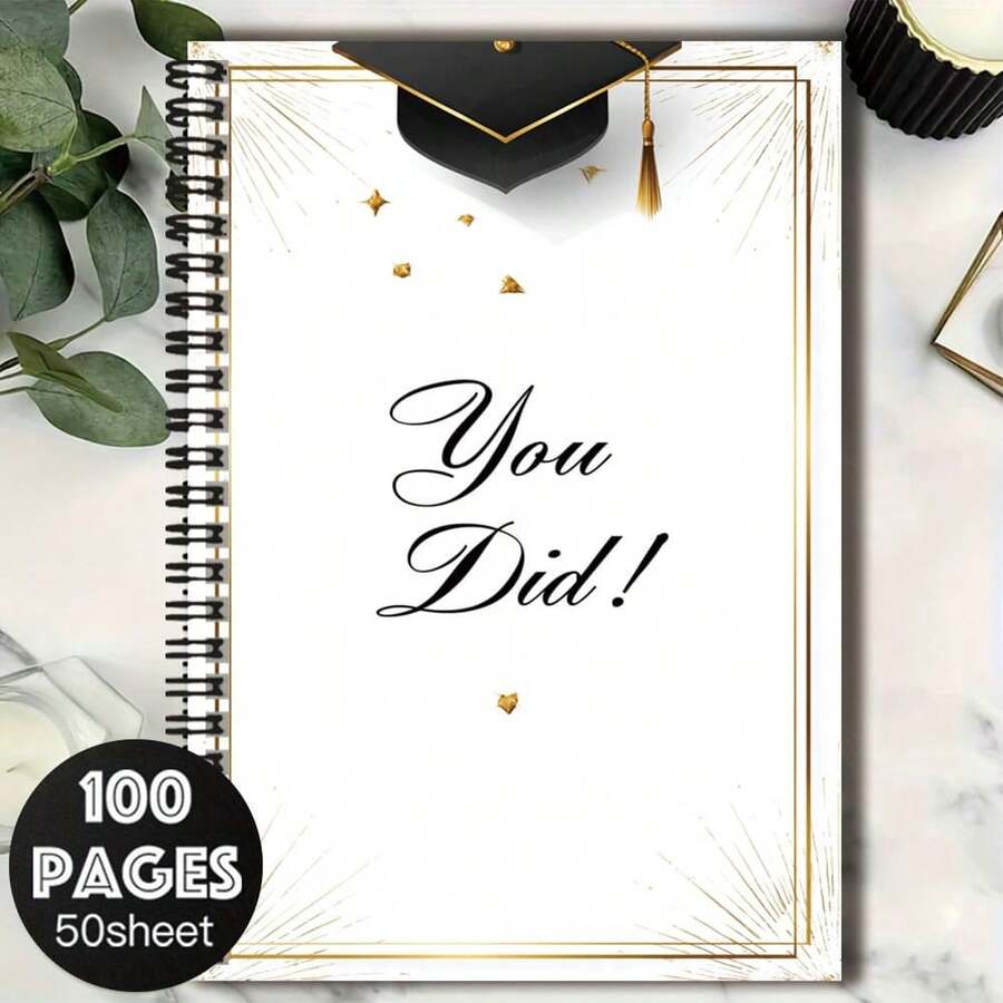 1pc Black & Gold Graduation Theme Spiral Coil Notebook, Cover Printed "You Did!", Decorated With Graduation Cap & Star Elements, Full Of Ritual Sense. 100 Pages Large Capacity, Suitable For Work Records, Study Notes, Diary Writing, Etc., Also A Thoughtful Gift Choice For Graduation, Birthday. - F - View 1