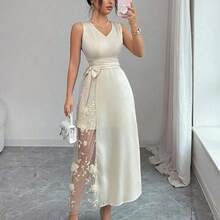 xuehuamaoyi02  Vestido elegante sin mangas con decoración floral 3D en escote en V para mujer - Rosa - Ver 4