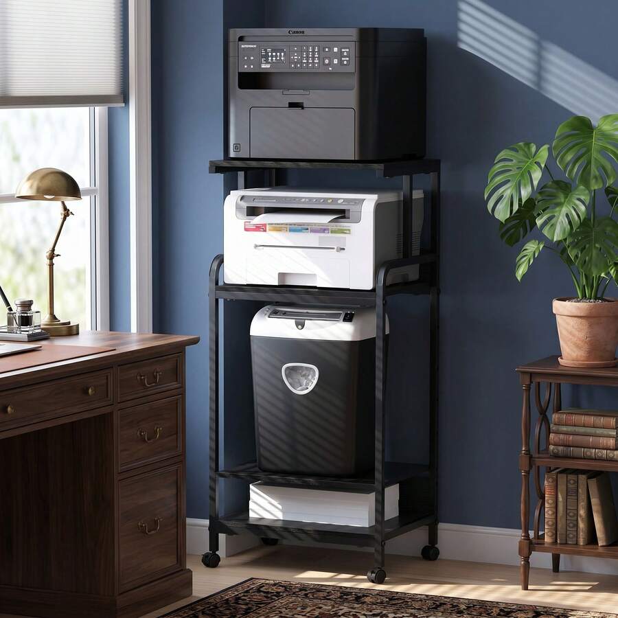 4-Tier Rolling Printer Stand With Storage, Large Movable Printer Cart On Wheels, Multifunctional Trolley For Fax Scanner Files Media Player, Practical Furniture For Home Office Kitchen - Black - View 1