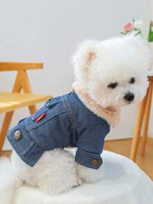 PETCIRCLE 1件小型犬與幼犬寵物衣，可愛加厚親膚不起球戶外外套，附牽繩掛鉤、翻領設計與口袋 - 藍色 - 查看 3