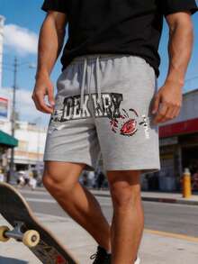 Pantalones cortos deportivos casuales para hombres, diseño con estampado de letras retro, pantalones cortos bermudas grises con cordón, de ajuste holgado y versátil - Gris - Ver 1