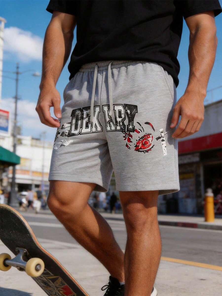 Pantalones cortos deportivos casuales para hombres, diseño con estampado de letras retro, pantalones cortos bermudas grises con cordón, de ajuste holgado y versátil - Gris - Ver 1