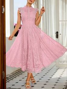 Women's Wedding Guest Dress, New And Elegant Fan-Shaped Lace Flared Dress, Retro Sleeveless Lace Dress, Suitable For Wedding Bridesmaid Dress, Evening Party, Casual Romantic Dates - 象牙白色 - 查看 3