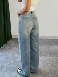 MYOURSA Women's Straight Leg Jeans, Distressed Washed Y2K Style, Casual Streetwear Summer, Vintage Blue - Light Wash - View 2