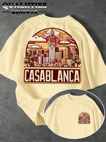Men's Printed T-Shirt - Retro Travel Poster Design, Featuring Hassan Tower And Moroccan Architectural Motifs, Reversible Crew Neck Short Sleeves, Comfortable And Casual Style, Suitable For All Seasons, Available In Multiple Colors. (Text Function) - Black - View 10