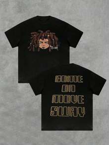 Piece Men's Double Sided Art Print T-Shirt With Dreadlocks, Retro Typography, 220g, Y2K Graphic Tee "Come On Move Sway", 100% Cotton, Streetwear, Loose Fit Retro Tee. - Back - View 1