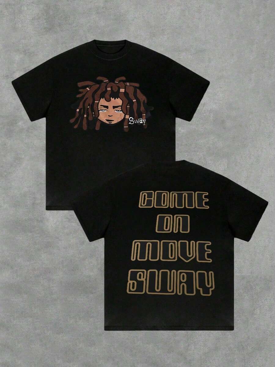 Piece Men's Double Sided Art Print T-Shirt With Dreadlocks, Retro Typography, 220g, Y2K Graphic Tee "Come On Move Sway", 100% Cotton, Streetwear, Loose Fit Retro Tee. - Back - View 1
