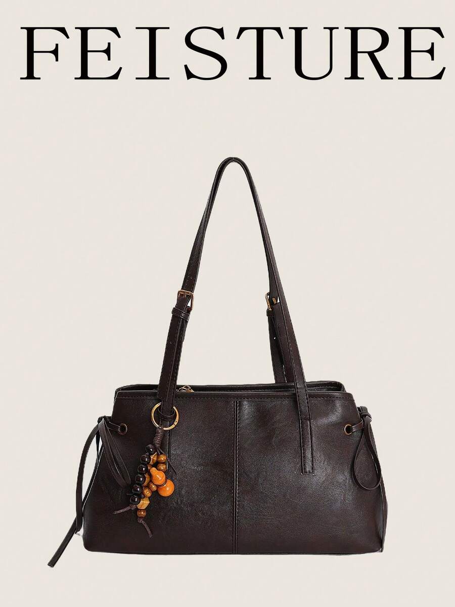 1pc Vintage Large Capacity PU Material Women's Shoulder Bag, Bowling Bag Style, Get Free Accessory Charm With Store Follow, Suitable For Daily Outing, Dating, Commuting - Coffee - View 1