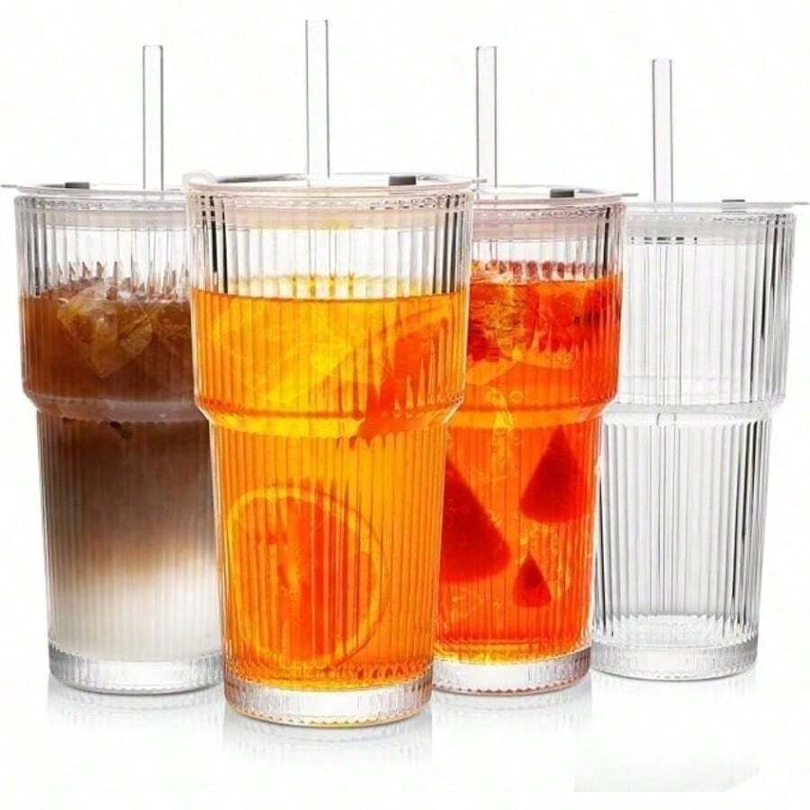 Yesotol 20 Oz Glass Tumblers, Iced Coffee Cups With Lids And Glass Straws, Thickened Wall Ribbed Glass Cups, Ideal For Smoothies, Cocktails, And Juices – Vintage And Durable Drinkware – 4 Pack Coffee Bar Essentials Dessert Cups Cups With Lids And Straw - 羅紋-4pack - 查看 1