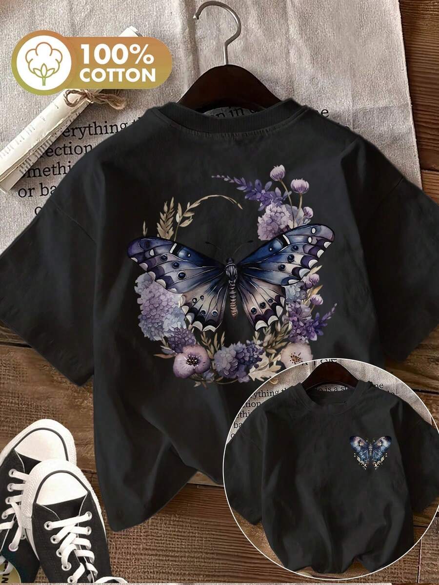 Minimalist. 100% Cotton. 1 Piece [Positive And Negative Double-Sided Printing]. Women's Summer Top, Watercolor Style, Floral Butterfly, No Print, Casual Everyday, Round Neck, Short Sleeve. Spring/Summer T-Shirt. - 黑色 - 查看 1