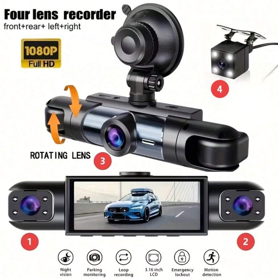1件 1080P 4鏡頭行車記錄器 黑色,配備150mAh鋰離子電池,3.16吋IPS螢幕,支援動態偵測、停車輔助及前後雙錄,安裝簡單,完美的新車禮物 - c260 - 查看 1