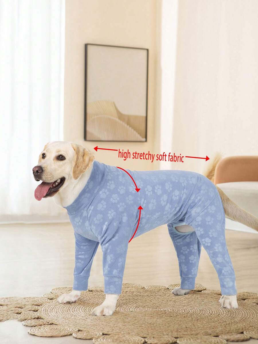 1件毛绒舒适可爱爪印保暖睡衣，适合中大型犬和幼犬，弹性术后恢复服，柔软长袖，适合拉布拉多犬、罗威纳犬、比格犬等犬种。