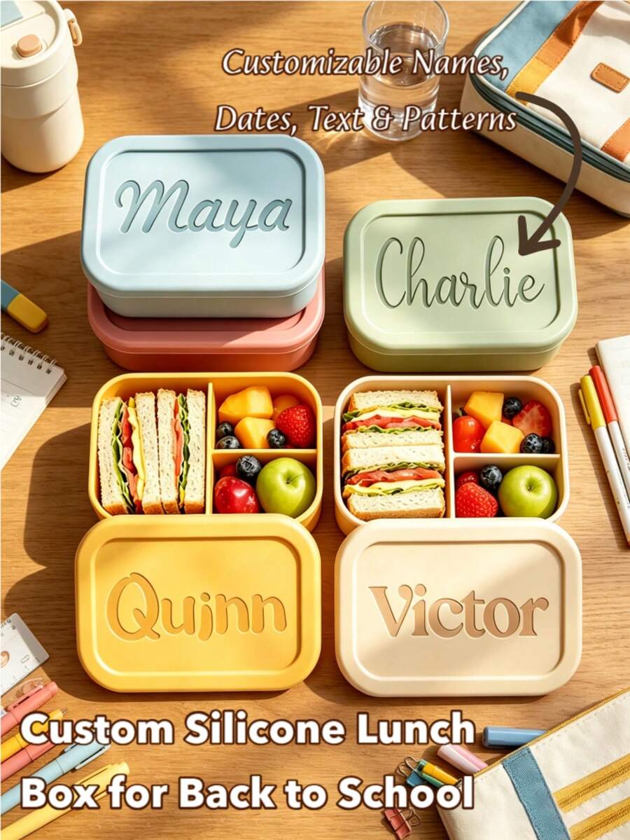 Customized Back To School Silicone Bento Box, Back To School Gift, Personalized Student Food Storage Portable Lunch Box, Practical School Supplies, Suitable For Students, Office Workers, Home Meal, Fruit, Dessert Storage, Leakproof