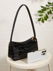 Bolso de hombro minimalista con relieve de cocodrilo brillante - Negro - Ver 5