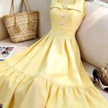 Nuevo vestido de mujer de largo medio, de cuello cuadrado, tejido de unicolor, con diseño de cintura recogida, elegante estilo de vacaciones, versátil para uso diario AG - Amarillo - Ver 4