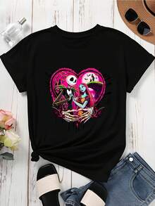 Disney Crew Neck  T Shirt Black Jack Skellington And Sally Heart Design For Casual Wear - Black - View 3