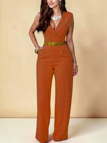 Elegant Palazzo Jumpsuit With Crossover Neckline And Adjustable Belt Included - Burnt Orange - View 1