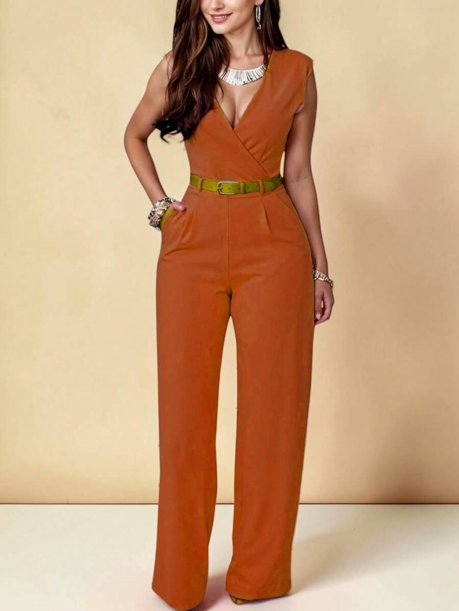 Elegant Palazzo Jumpsuit With Crossover Neckline And Adjustable Belt Included - Burnt Orange - View 1