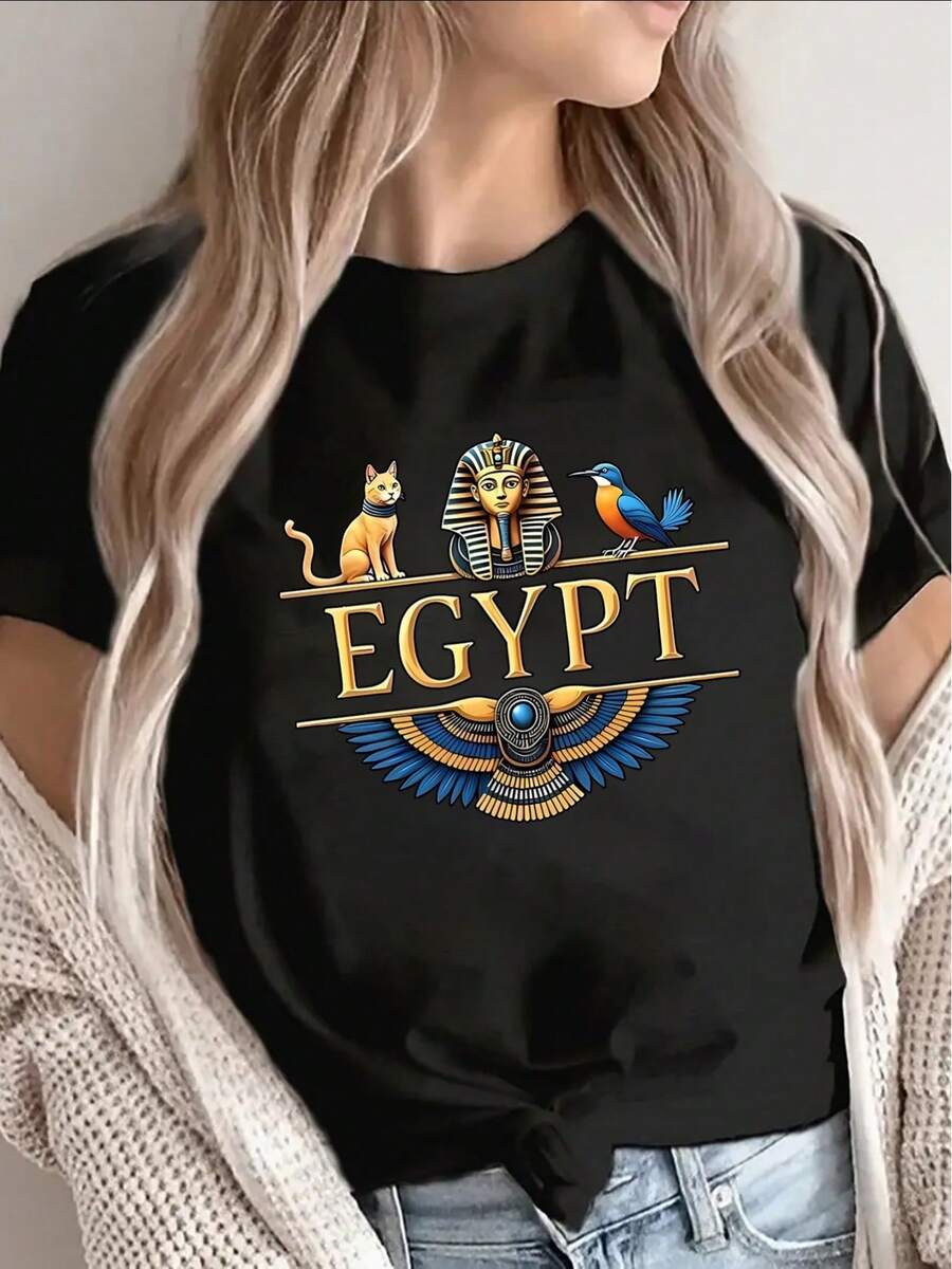 NEW Egyptian Themed T-Shirt - Prints Of Pharaoh Tutankhamun, The Cat Anubis And The Horus Bird With Egyptian Hieroglyphs - Lightweight Polyester Short-Sleeve Crew Neck T-Shirt Suitable For Casual And Themed Events (Black, Ancient Egyptian Design) - Unisex Women's Vintage Style Loose Cotton Short-Sleeve Crew Neck T-Shirt. - 黑色 - 查看 1