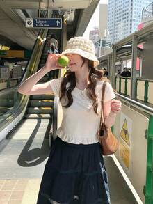 甜美彼得潘領蕾絲拼接短袖T恤 夏季新款收腰顯瘦短版女上衣 白色 - 白色 - 查看 8