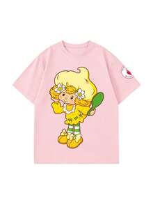 女款夏季 T-shirt，可愛檸檬甜點與青蛙印花寬鬆休閒 T-shirt，適合日常穿著與甜美女孩風格，粉紅色 - 粉色 - 查看 4