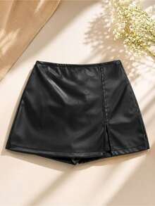 SHORT SAIA COURO FAKE COM FENDA LATERAL MODA INVERNO SÃO JOÃO FESTA NOITE VERSATIL TENDENCIA PREMIUM - Preto - Visão 1