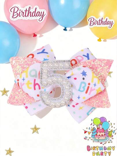 1pc Cute Birthday Number 1-6 Bow Hair Clip For Girls - Ribbed Satin Polyester Material, Decorated With Rhinestones And Faux Pearls, Durable, Suitable For Birthday, Party, Daily Wear And As A Gift, Multiple Colors Available, Birthday Accessory | Playful Design | Durable Hair Clip, Birthday Party Decoration