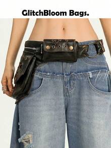 Sac de taille multifonctionnel style western rétro américain, ceinture style wasteland, personnalisé Y2K, pour fille à la mode, rivets robustes, large taille - Noir - Voir 4