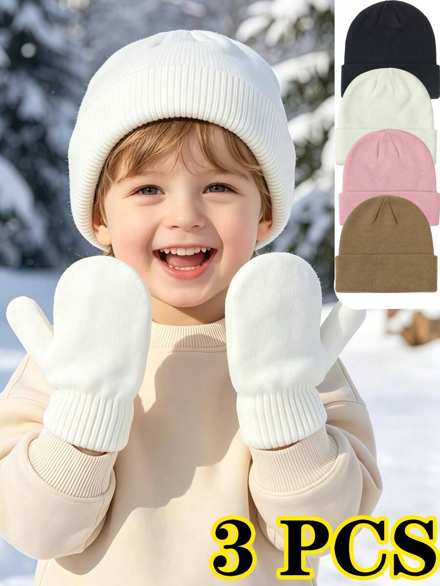 3PCS 0-2Y 2-6Y Knitted Beanie Hat & Gloves Set For Baby Boys And Girls, Soft & Comfortable Pull-On Style, Suitable For Cold Winter - 3PCS - View 1